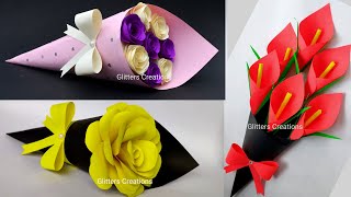 3 DIY Paper Flower BOUQUETBirthday Gift ideasFlower Bouquet making at Home [upl. by Notgnimer]