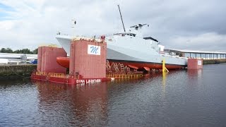 Royal Navy’s new offshore patrol vessel HMS Forth being lowered into the water for the first time [upl. by Regni]