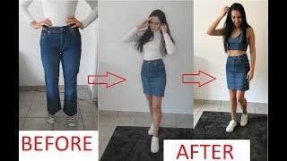 DIY DENIM SKIRT TUTORIAL  JEANS TO SKIRT REFASHION [upl. by Ainesy]