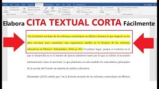 CÓMO HACER UNA CITA TEXTUAL CORTA  MUESTRO EJEMPLO  NORMAS APA [upl. by Oicneserc802]