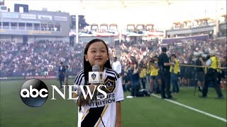 7yearold sings national anthem before packed MLS crowd [upl. by Tnek278]