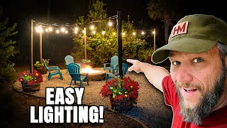 Hanging String Lights Around My Fire Pit I Used Whiskey Barrel Planters [upl. by Bambie279]