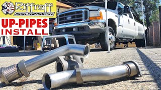 2001 F350 73  RiffRaff UpPipes Install  Stock up pipes leaking and falling apart JUNK SP [upl. by Temp]