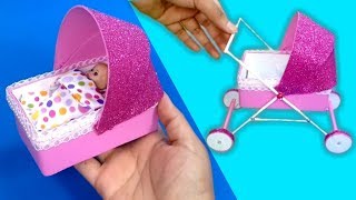 como hacer Cuna y Carriola para muñecas Barbie  How to make baby Crib and Stroller for Barbie dolls [upl. by Nunci]