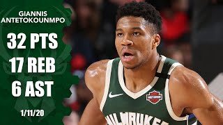 Giannis Antetokounmpo records 32 points 17 rebounds in Bucks vs Blazers  201920 NBA Highlights [upl. by Ataynik]