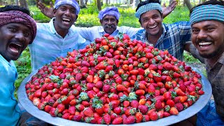 1000 STRAWBERRY  Rava Kesari Recipe using Strawberry Jam  Strawberry Recipe Cooking in Village [upl. by Inoliel599]