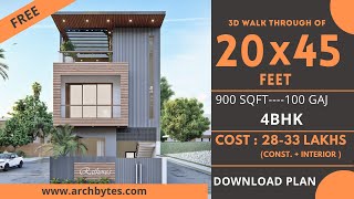 20x45 House Design 3D  900 Sqft  100 Gaj  4 BHK  Modern Design  Terrace Garden  6x14 Meters [upl. by Eardna]