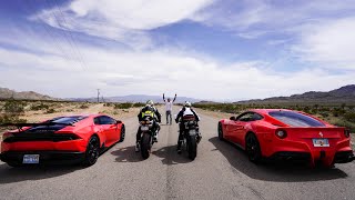 STREET RACING SUPERBIKES VS SUPERCARS Ferrari Lamborghini VS Ducati BMW [upl. by Doralia]