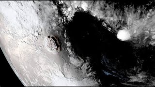 Hunga Tonga volcano erupts again triggers tsunami  Seen from space [upl. by Sonny]